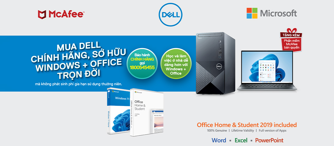 Mua máy tính Dell chính hãng, sở hữu Windows và Office trọn đời migovi